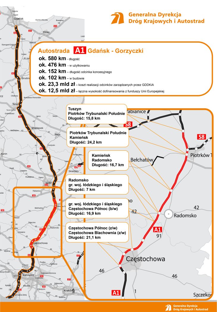 Mapa inwestycji na autostradzie A1. Fot. GDDKiA